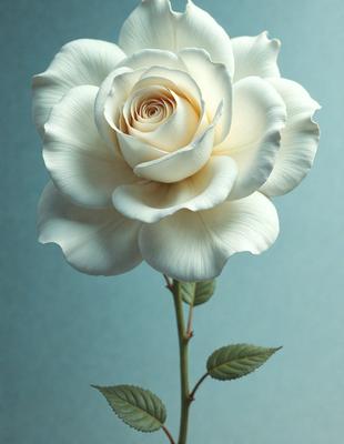 The primary subject of the image is a white rose with a yellow center, sitting on a blue surface. The rose is the focal point of the scene, and it appears to be a real flower, not a digital art or illustration. The visual style of the image is a close-up of the rose, emphasizing its details and beauty. The colors in the image are predominantly white and blue, creating a calm and serene atmosphere.